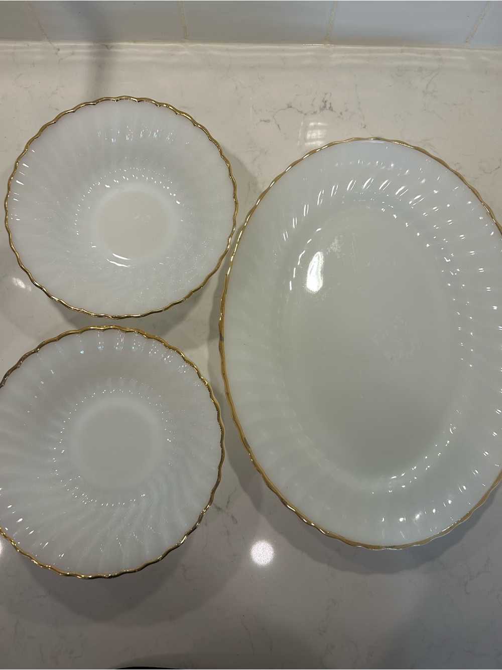 Vintage Anchor Hocking 3 Milk Glass Gold Trim Serving Platters